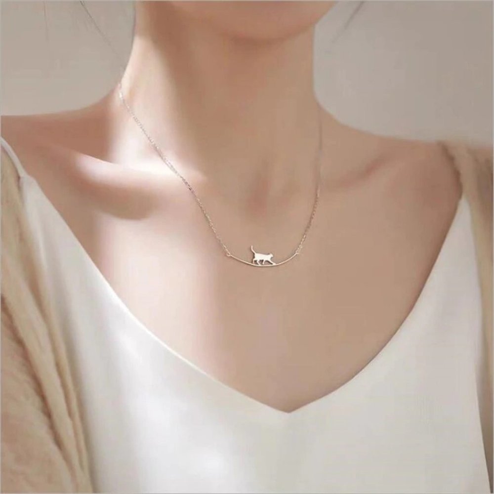 *NEW 925 Sterling Silver Cute Cat Bar Necklace - Picture 6 of 11